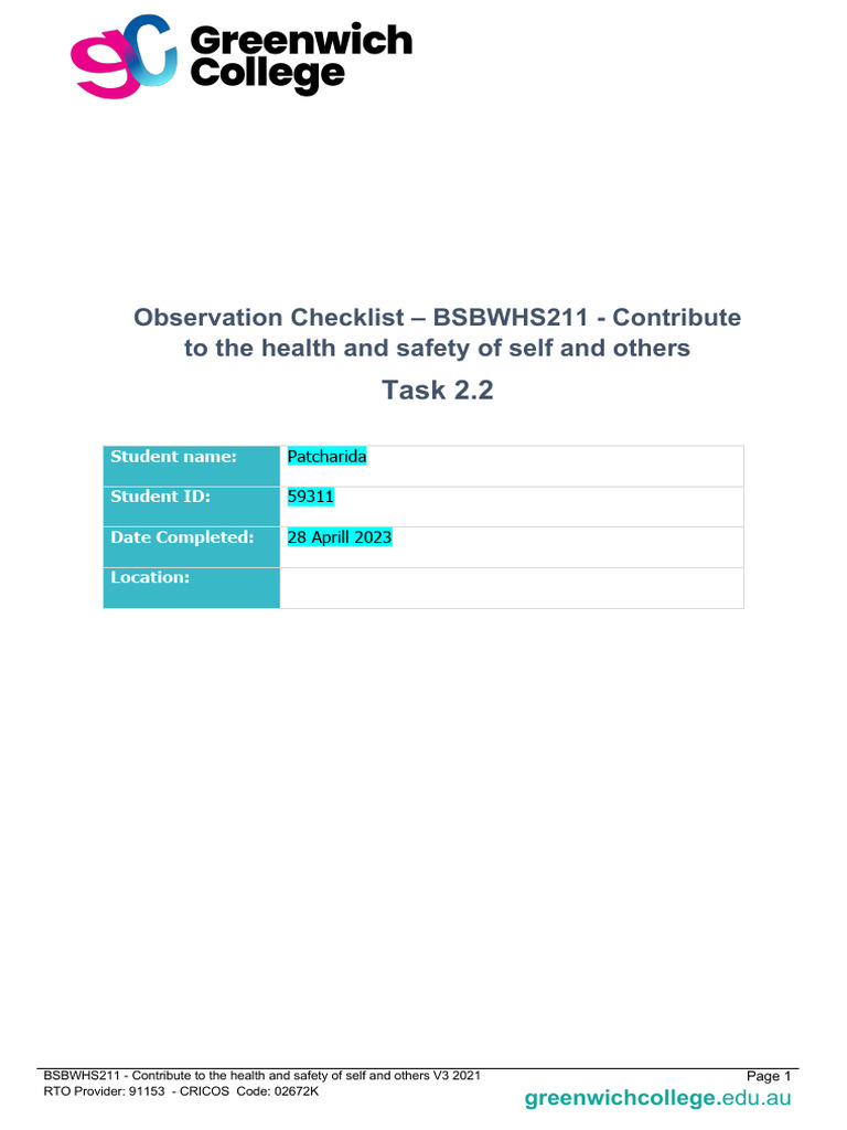 Safety Observation Checklist BSBWHS211 | PDF | Occupational Safety And ...