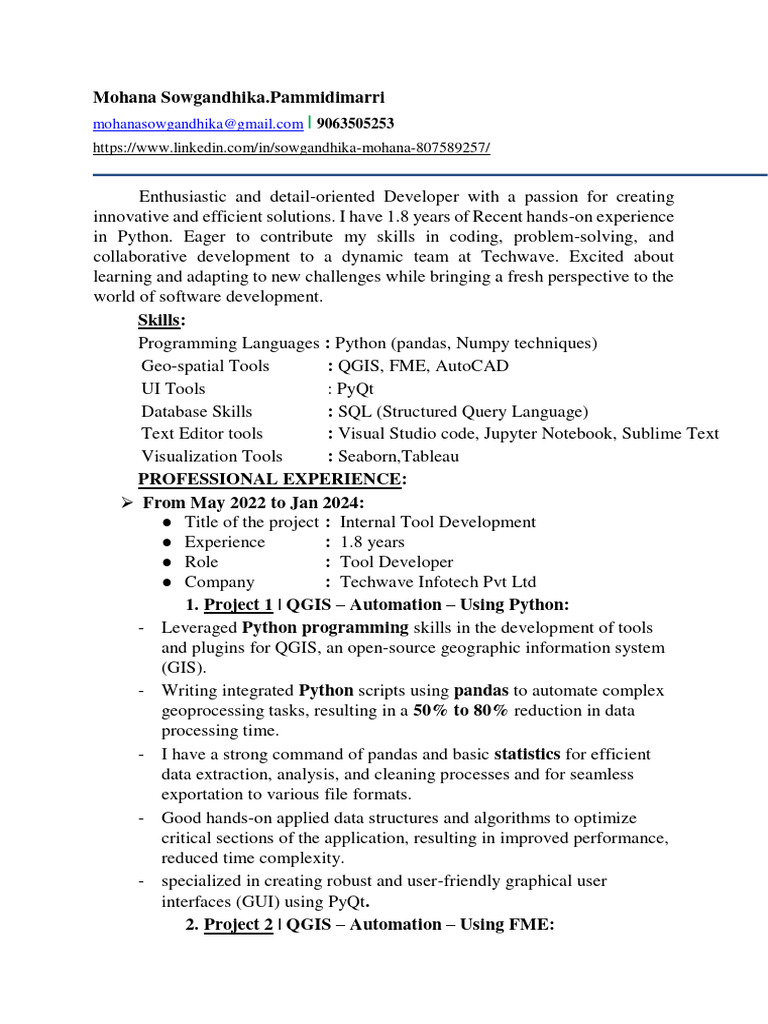 Python Developer Resume for Mohana Sowgandhika | PDF | Geographic ...
