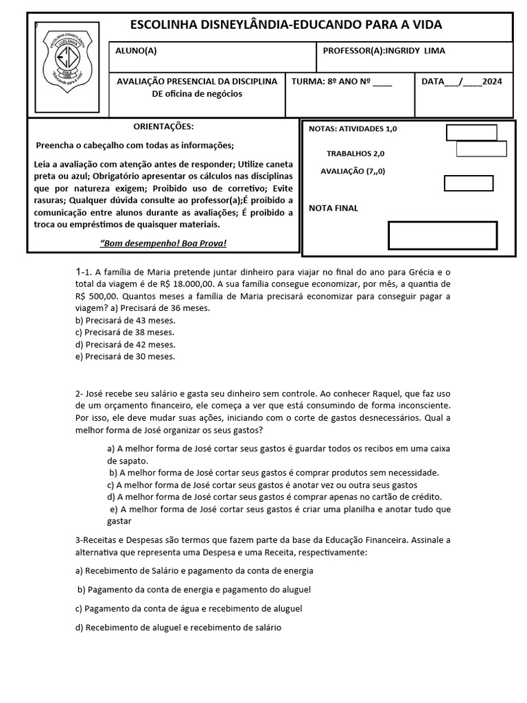 Atividades de Educação Financeira 8º Ano | PDF | Dinheiro | Cartão de ...