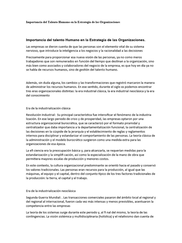 Importancia Del Talento Humano en La Estrategia de Las Organizaciones