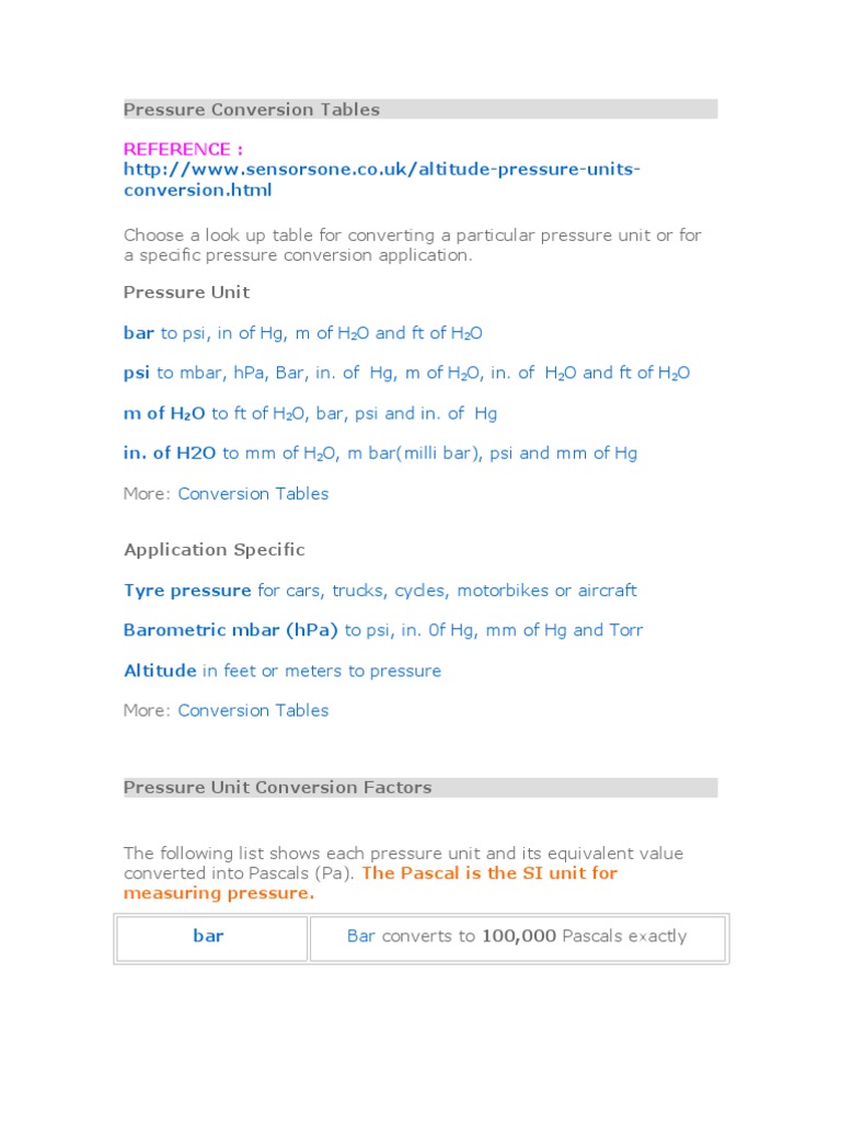 Pressure Conversion Tables | PDF | Pressure Measurement | Pressure