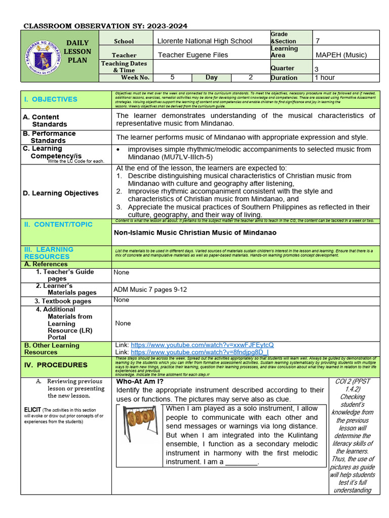 Mindanao Christian Music Lesson Plan | PDF | Learning | Teachers
