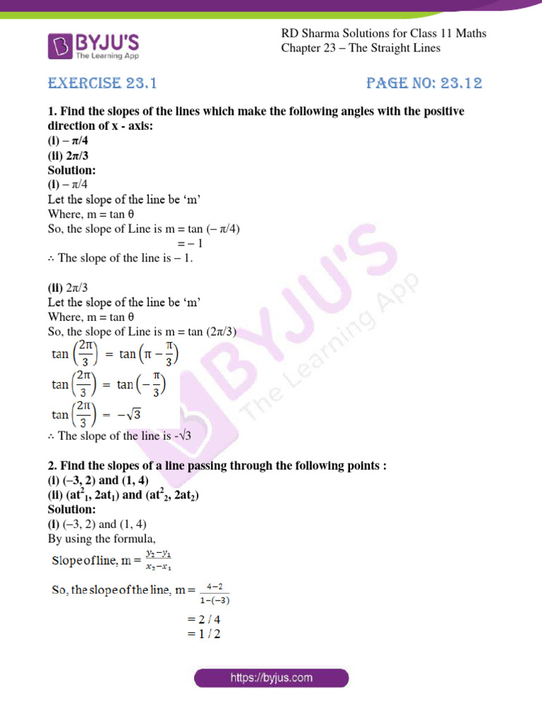 RD Sharma Class 11 Maths Chapter 23 Ex 1 | PDF | Angle | Slope