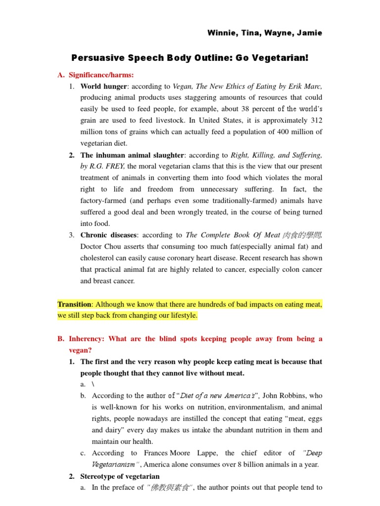 Persuasive Speech Body Outline Final | Vegetarianism ...