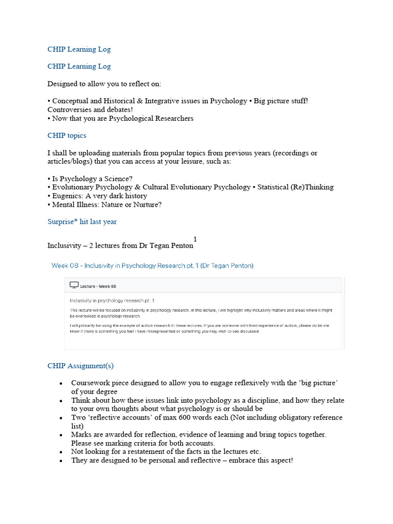 CHIP Learning Log: Reflective Psychology Insights | PDF | Psychology ...