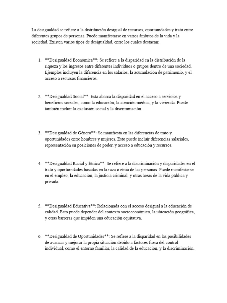 Tipos y Consecuencias de la Desigualdad | PDF | Desigualdad social ...