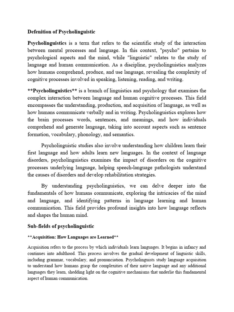 Defenition of Psycholinguistic | PDF | Psycholinguistics | Linguistics