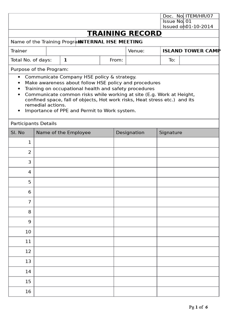 Internal HSE Meeting Training Record | PDF