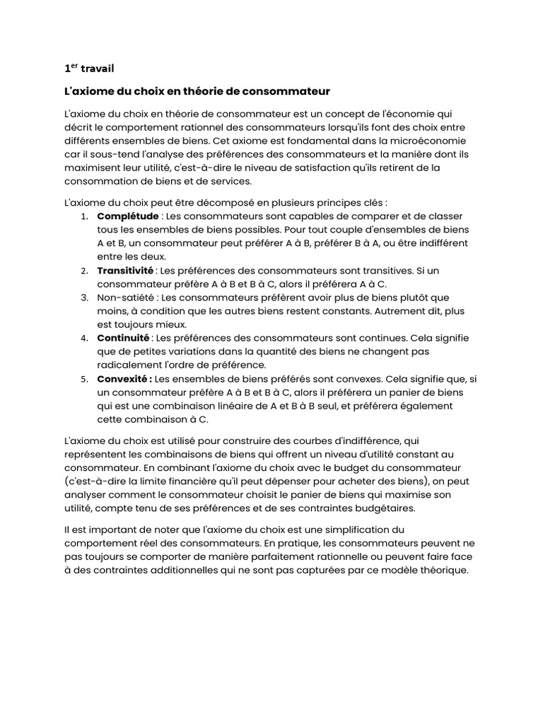 Axiome du choix en théorie du consommateur PDF Utilité (économie — free download