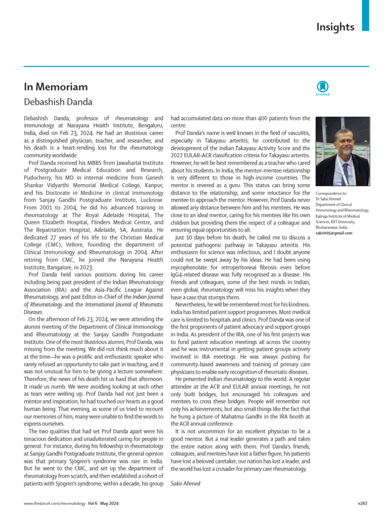 In Memoriam: Prof. Debashish Danda | PDF | Rheumatology | Mentorship