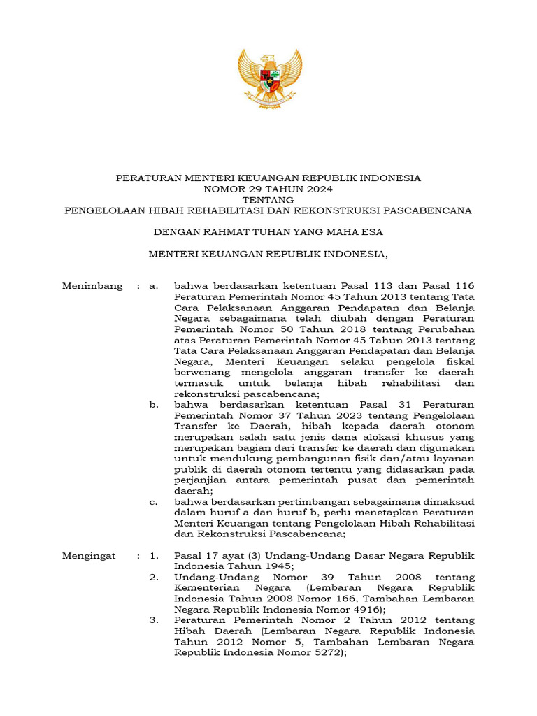 Peraturan Menteri Keuangan No 29 Tahun 2024 | PDF