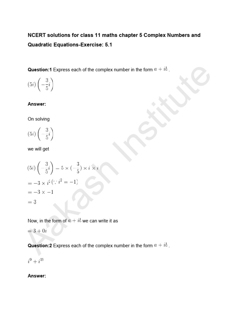 Class 11 Complex Number Ncert Solution