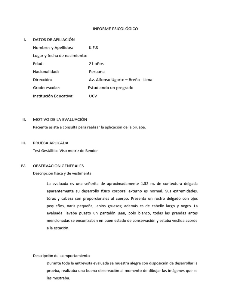 Informe Psicológico de Evaluación K.F.S. | PDF | Las emociones | Sicología