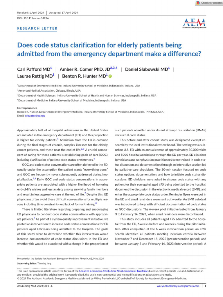 Academic Emergency Medicine - 2024 - Pafford - Does Code Status ...