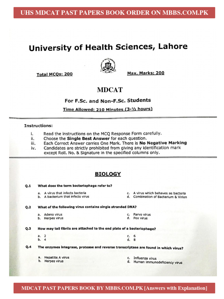 UHS Mdcat Paper PDF Standardized Tests Pakistan