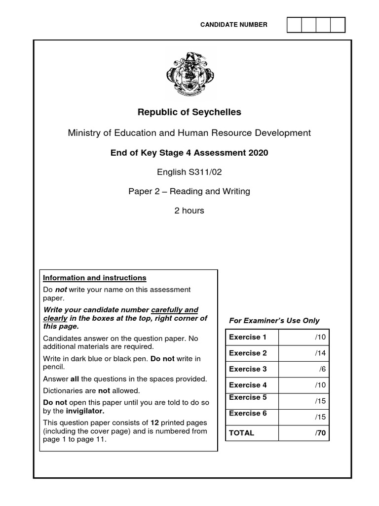 Seychelles EnglishPaper2ReadingandWriting2020 PDF Snoring