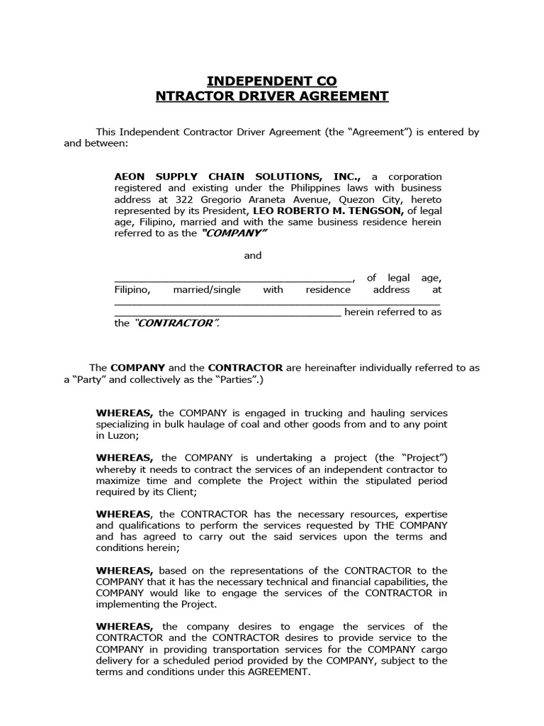 Independent Contractor Driver's Contract. EON | PDF | Indemnity ...
