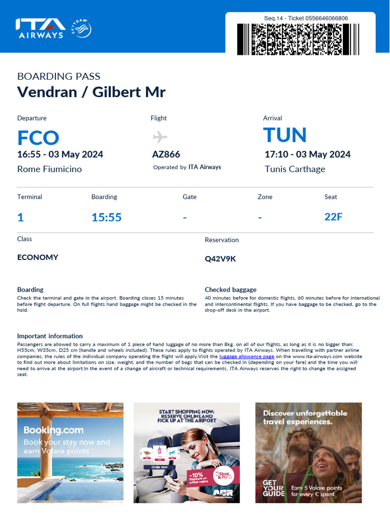 Rome to Tunis Flight Boarding Pass | PDF