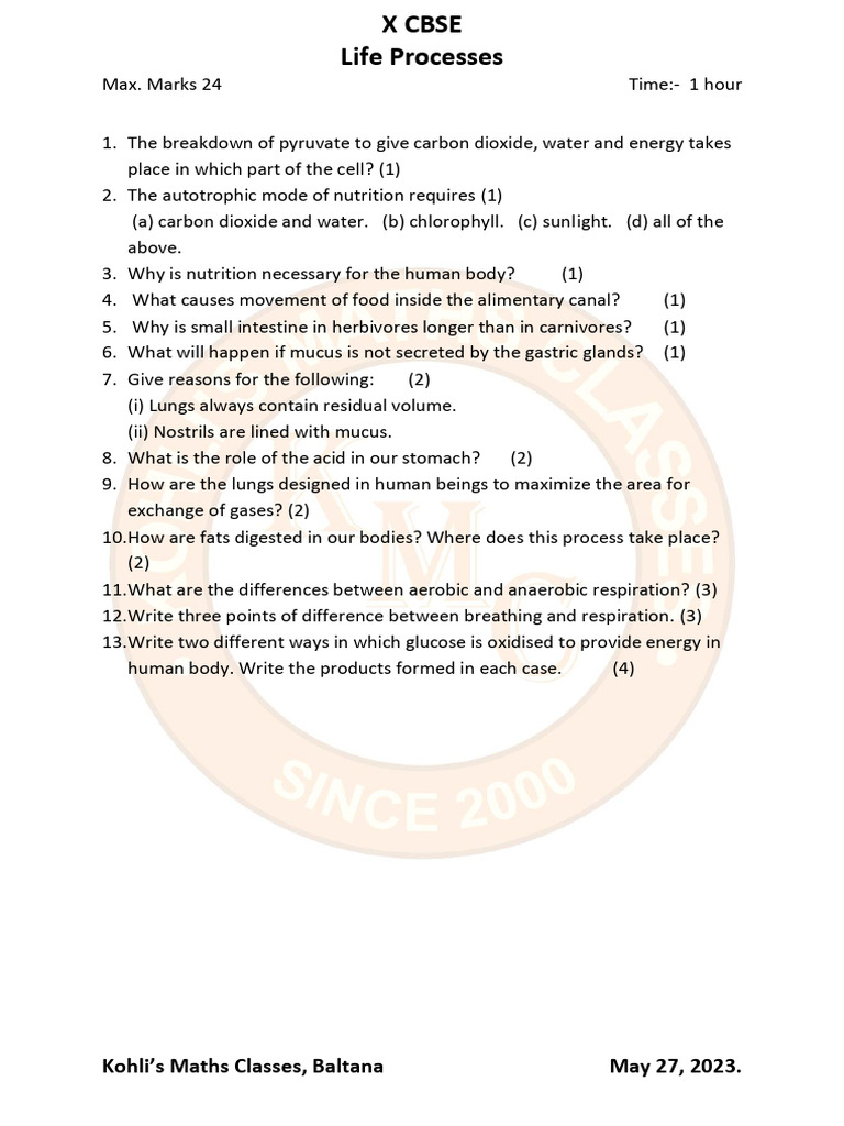 Life Processes: Class 10 Solutions | PDF | Science & Mathematics
