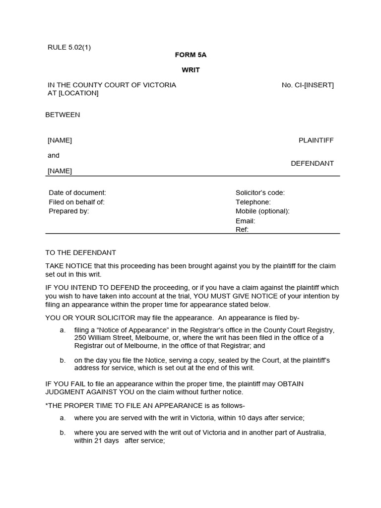 County Court Writ of Summons Form 5A | PDF | Writ | Common Law