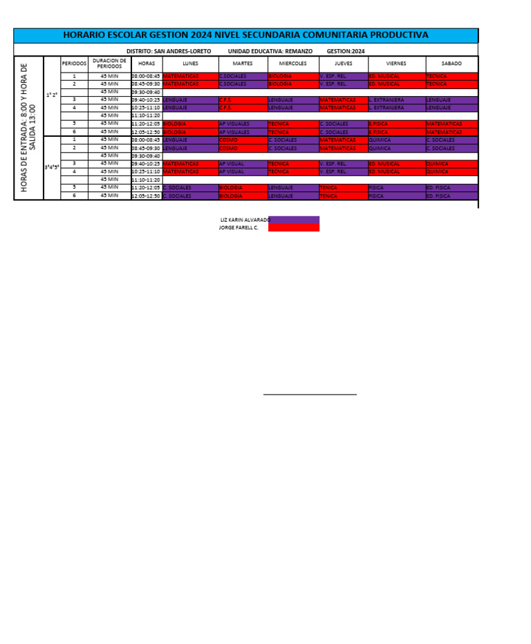 Horario Escolar 2024 Secundaria Remanzo | PDF | Ciencia y matemáticas