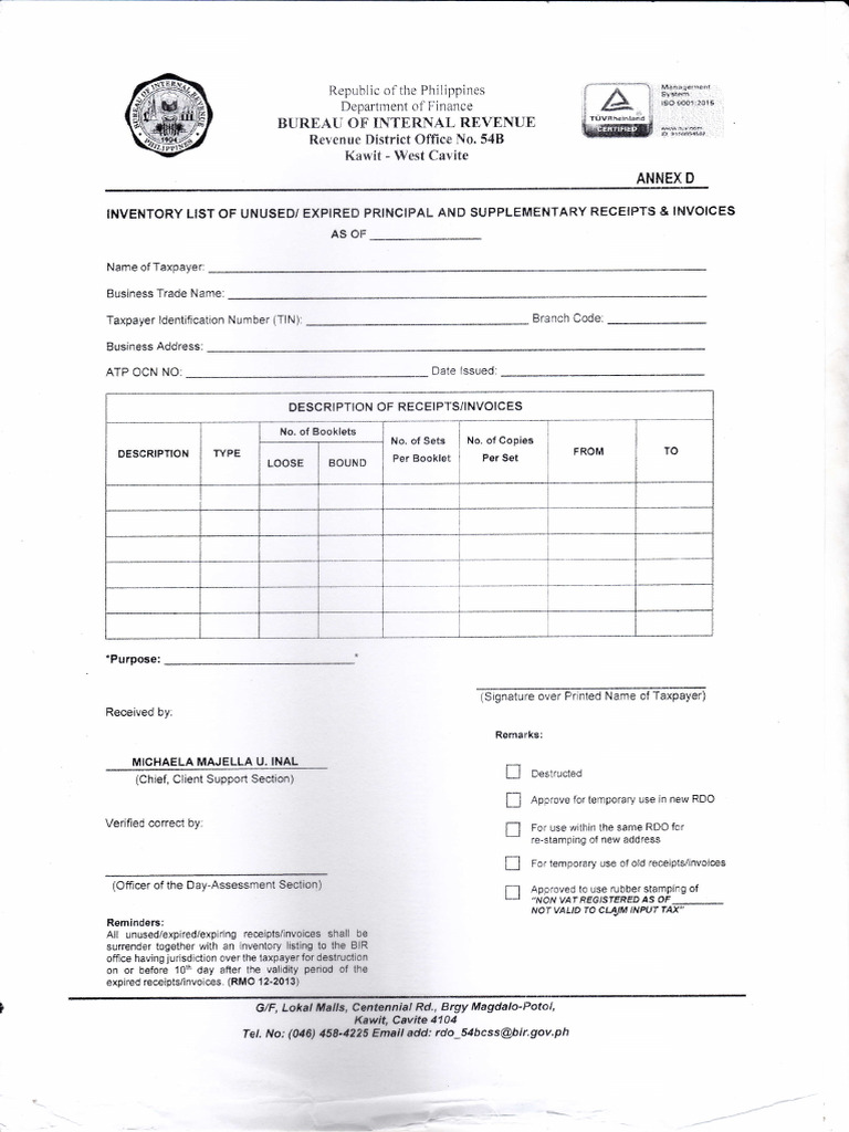 Annex D Inventory List of Unused Receipt RDO 54B Download Free PDF