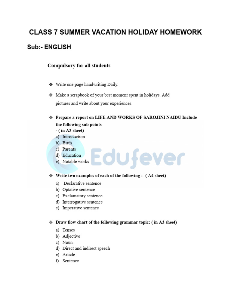 Class 7 Summer Season Holiday Homework | PDF | Foods | Linguistics