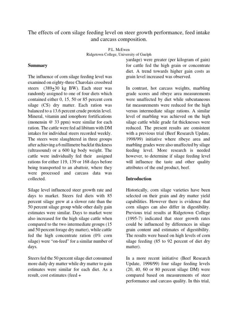 The Effects of Corn Silage Feeding Level On Steer Growth Performance ...