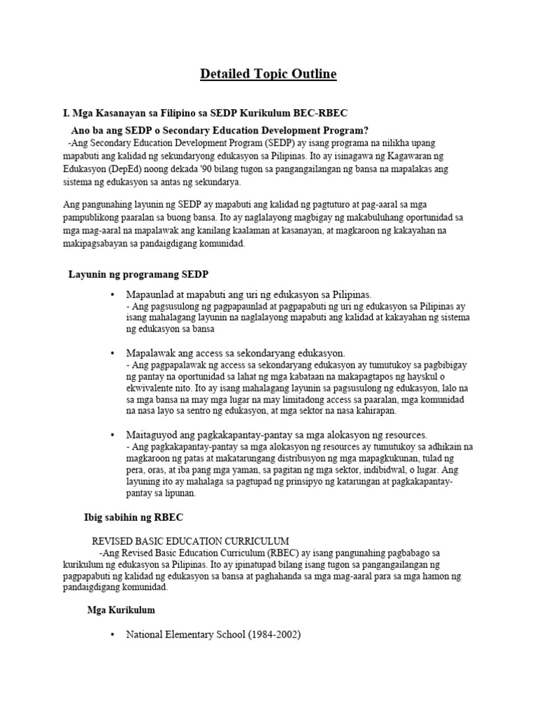Mga Kasanayan Sa Filipino Sa SEDP Kurikulum BEC RBEC - Detailed Topic | PDF