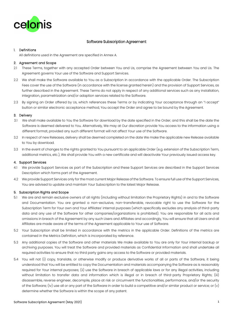 Software Subscription Agreement Overview | PDF | Legal Liability ...