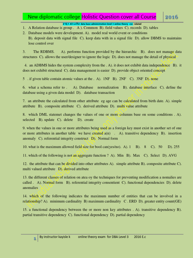 DBA Level 3 Exam Questions 2016 | PDF | Databases | Relational Database