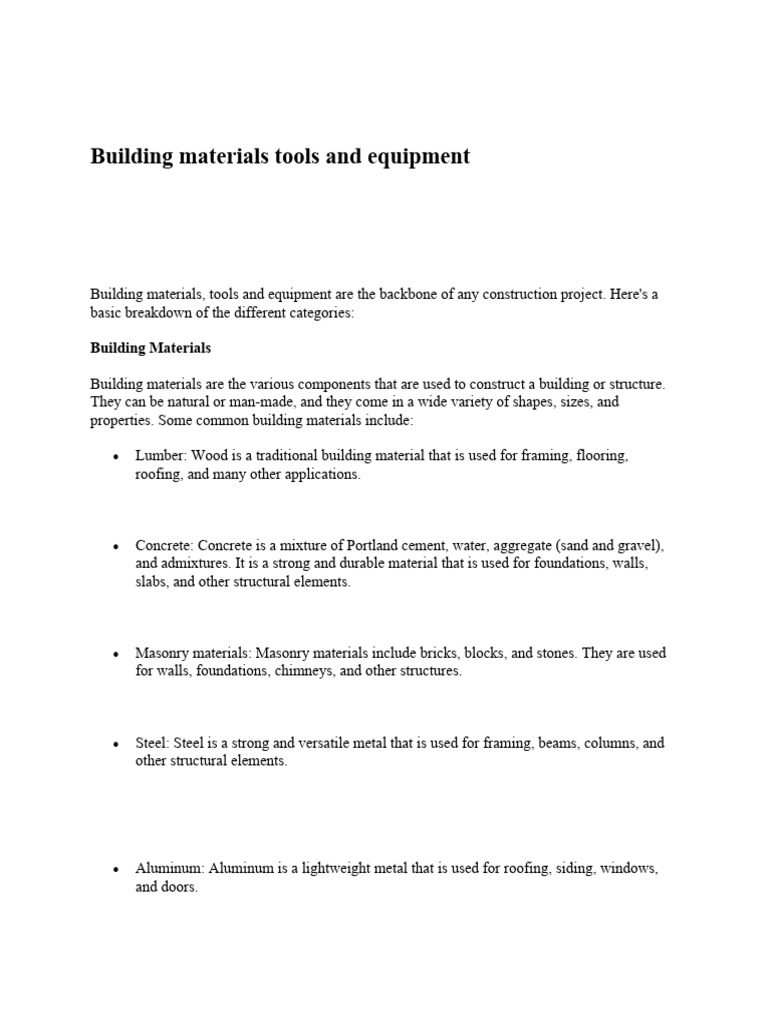 Building Materials and Construction Tools | PDF | Building Materials ...