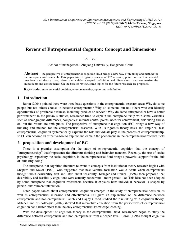 Review of Entrepreneurial Cognition | PDF | Entrepreneurship | Cognition