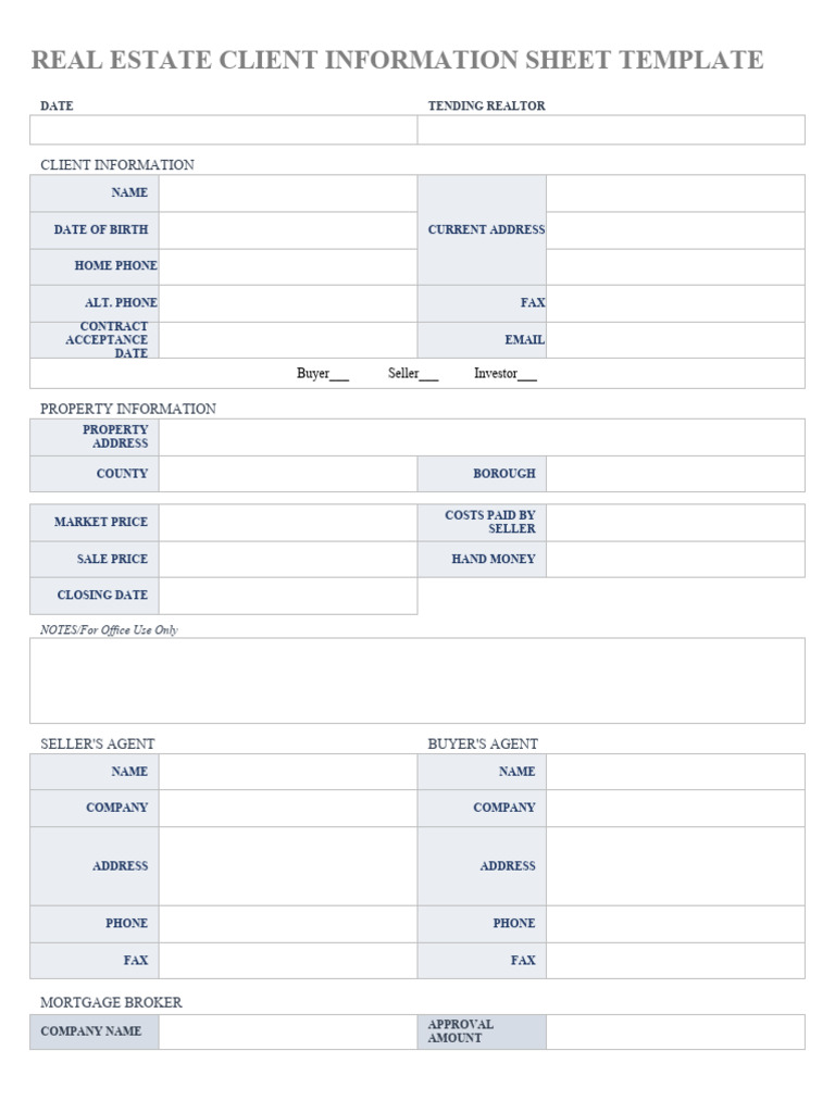 Real Estate Client Info Sheet Template | PDF