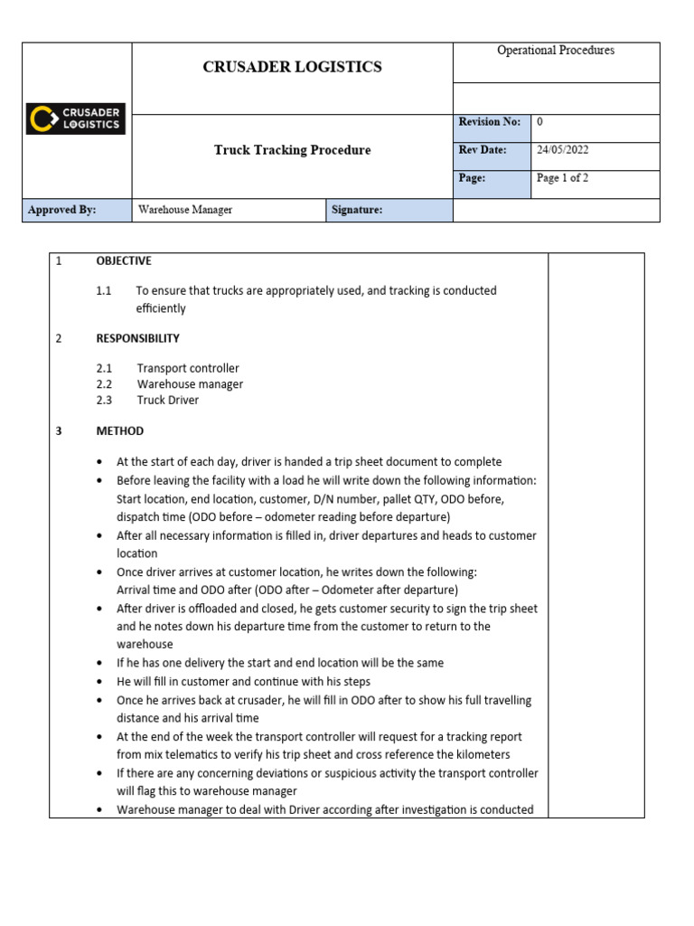 Truck Tracking SOP | Download Free PDF | Warehouse | Logistics