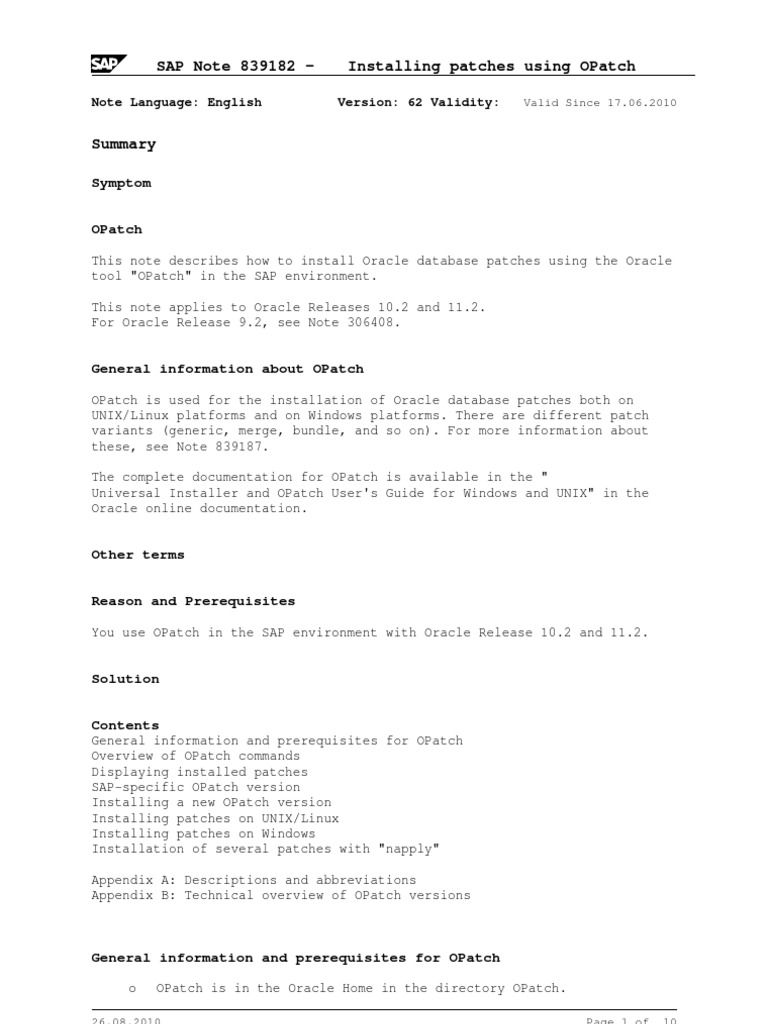 Oracle Patching Guide for SAP Users | PDF
