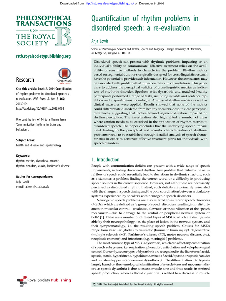 Quantification of Rhythm Problems in Disorderd Speech | PDF | Human ...