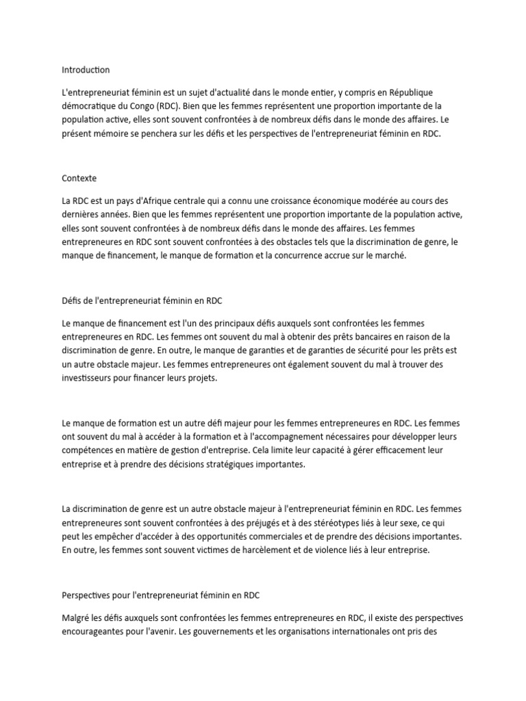Défis et perspectives de l'entrepreneuriat féminin en RDC | PDF | La ...