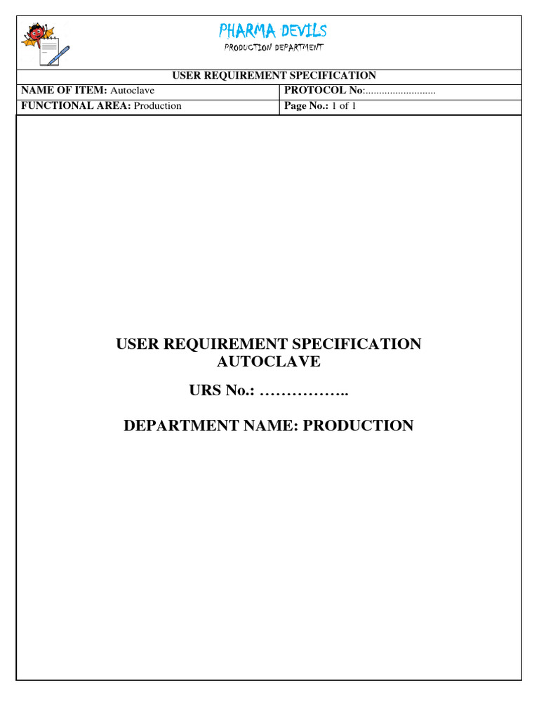 User Requirement Specification For Autoclave 1 Download Free PDF