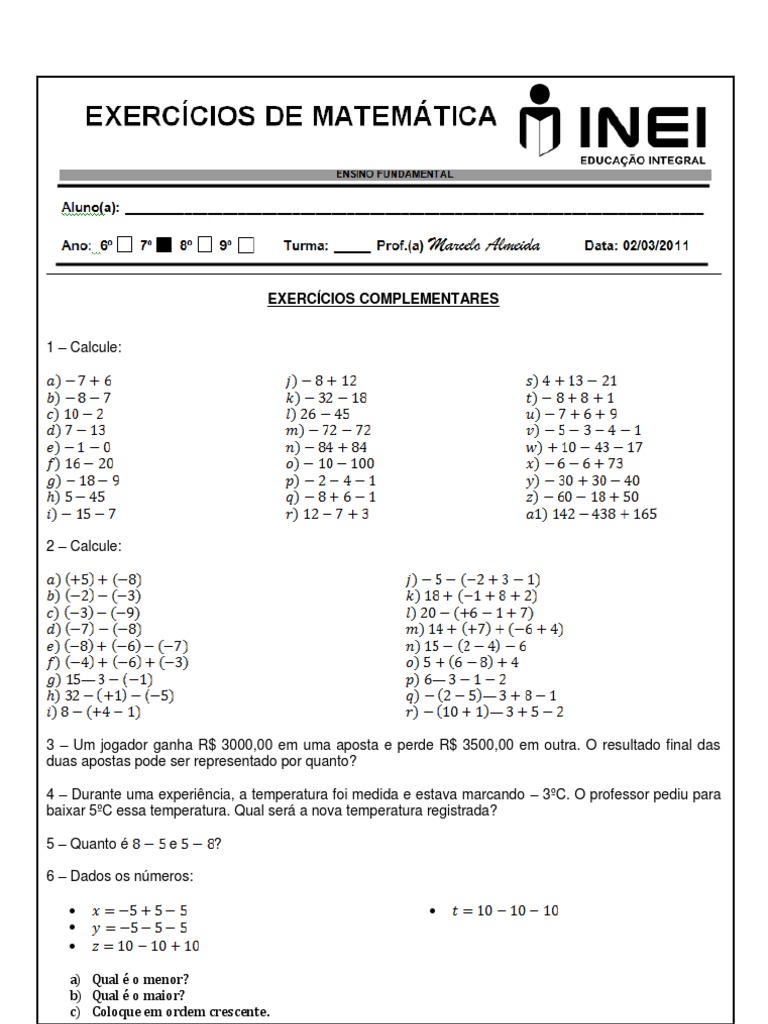 Exercícios de Números Inteiros - 7º Ano | PDF