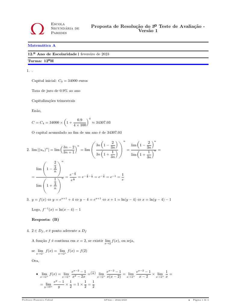 Resolução do 3º Teste de Matemática A | PDF | Cálculo diferencial ...