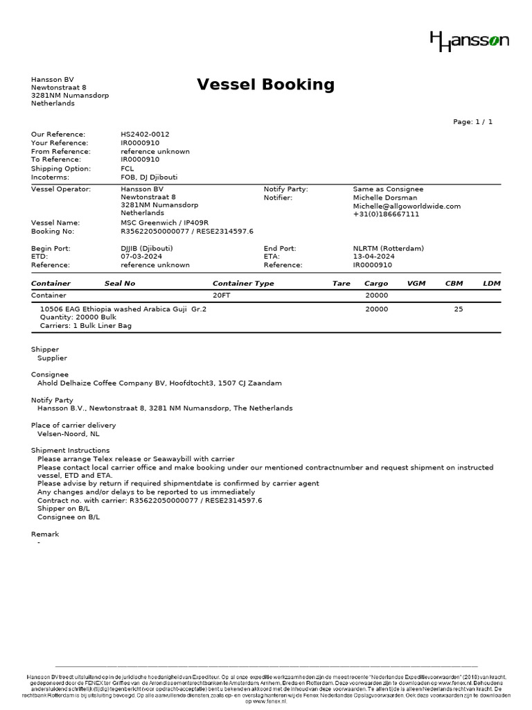 Vessel Booking Details for MSC Greenwich | PDF | Logistics | Supply ...