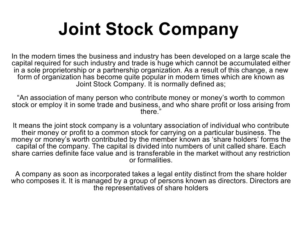 Joint Stock Company Joint Stock Company Public Limited Company