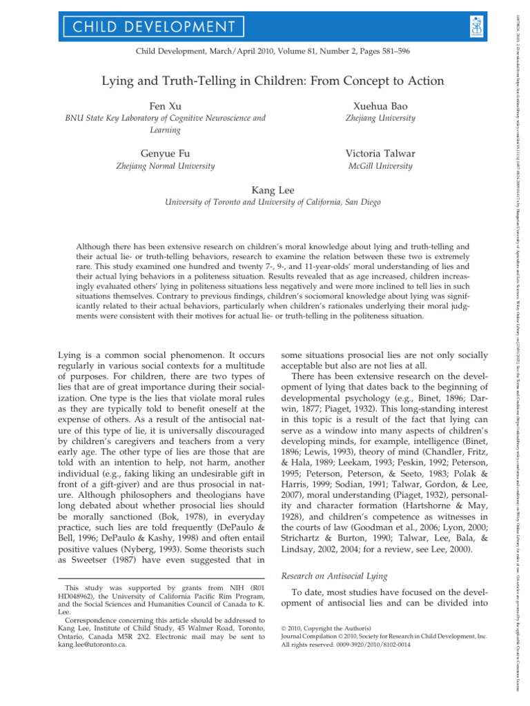 Child Development - 2010 - Xu - Lying and Truth Telling in Children ...