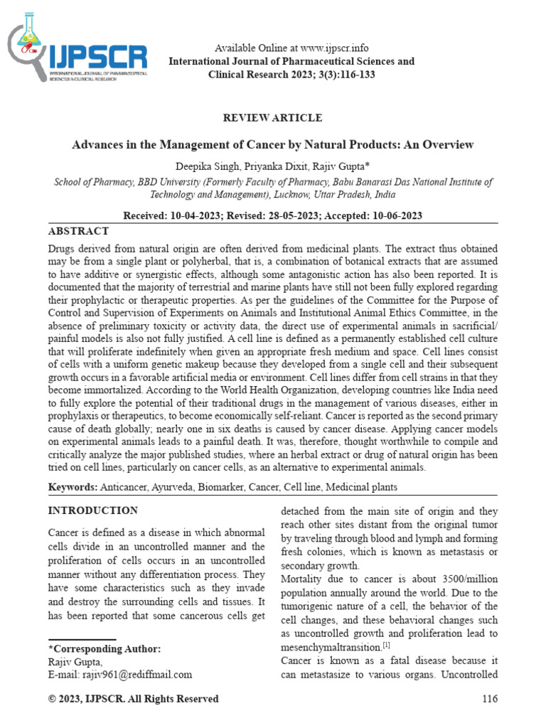 Advances in The Management of Cancer by Natural Products: An Overview ...