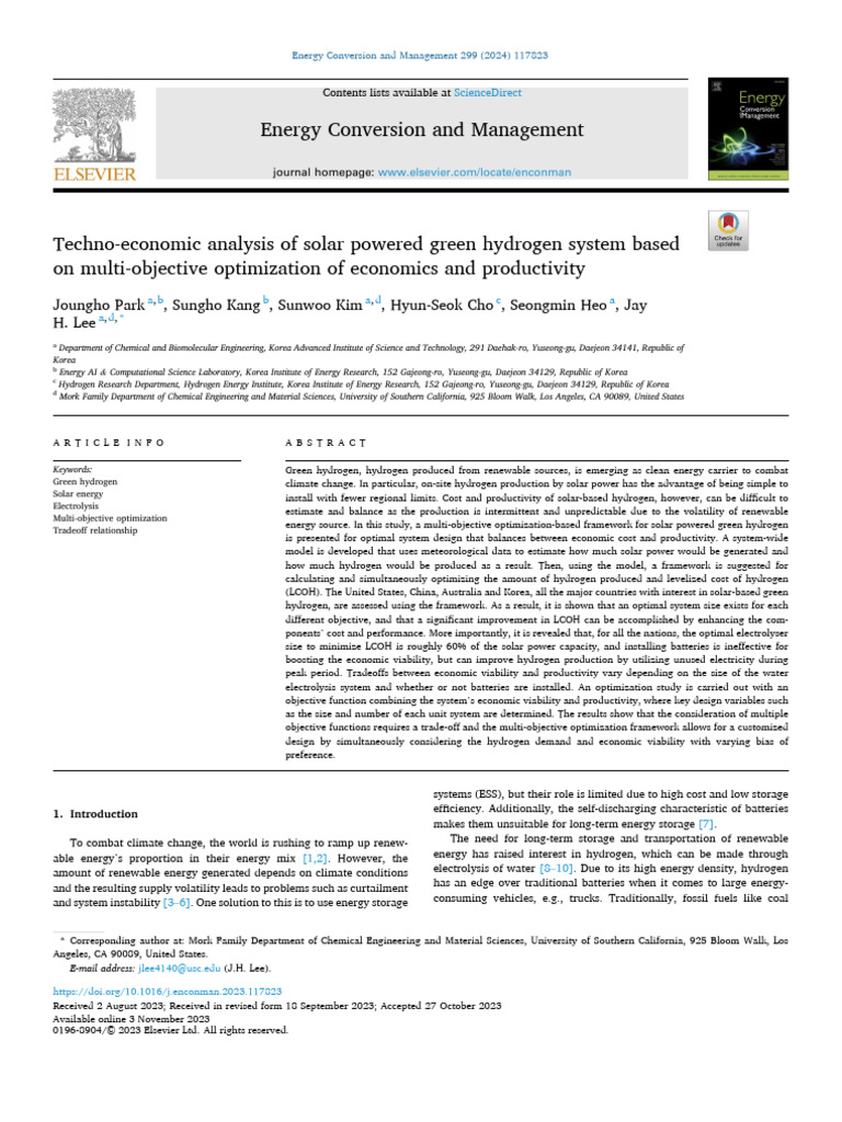 Techno-Economic Analysis of Solar Powered Green Hydrogen System Based ...