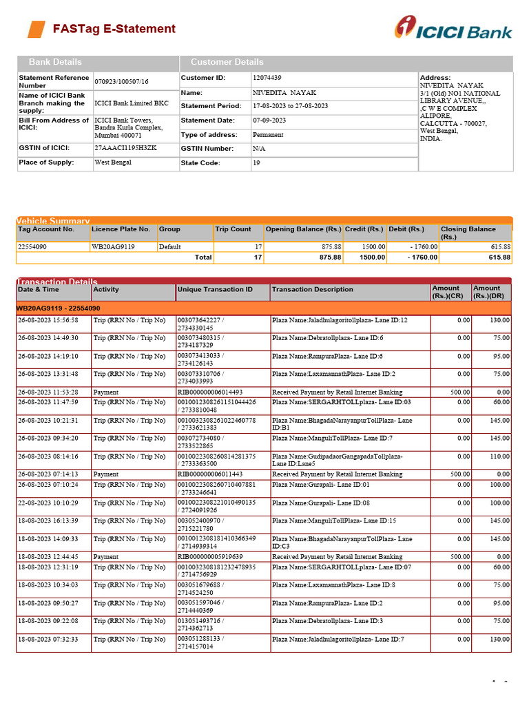 ICICI FASTag E-Statement Summary | PDF | Debits And Credits | Banking ...