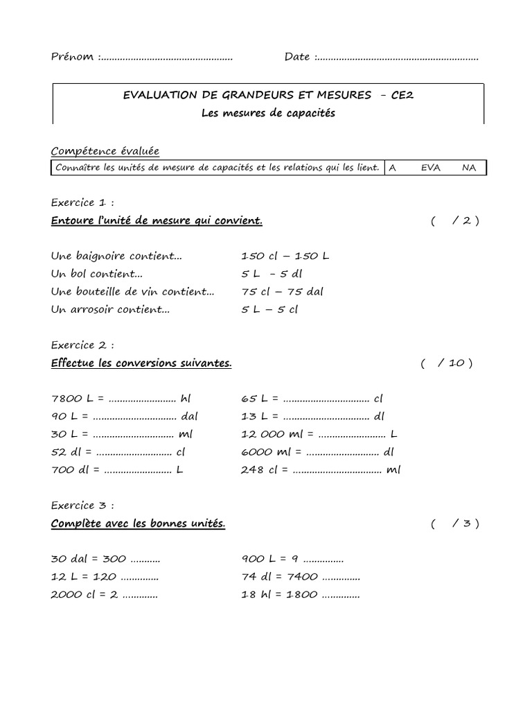 Évaluation des Contenances CE2 | PDF