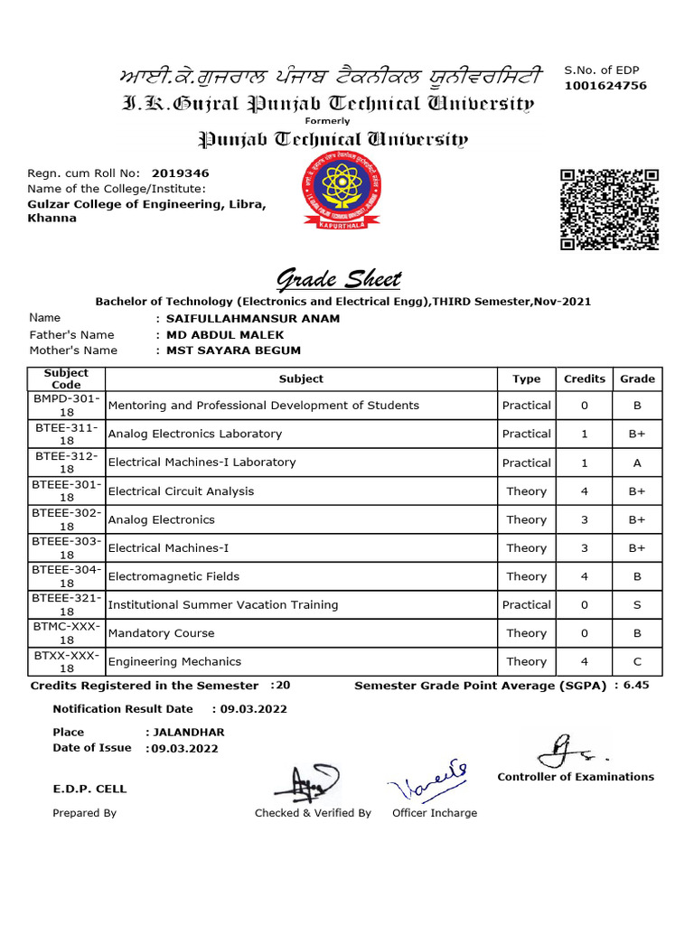 Grade Sheet: Bachelor of Technology (Electronics and Electrical Engg ...