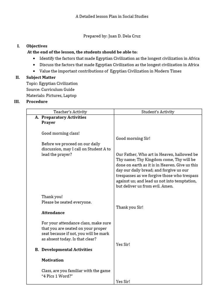 A Detailed Lesson Plan In Social Studies Download Free Pdf Ancient
